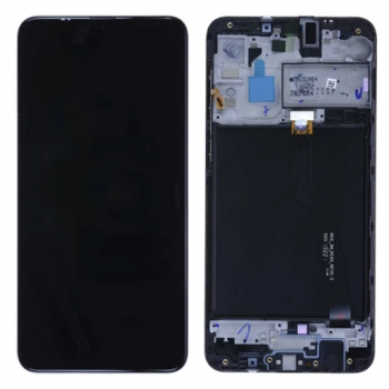 Дисплей (экран) для Samsung A105 Galaxy A10, черный, с сенсорным экраном, с рамкой, оригинал (переклеено
